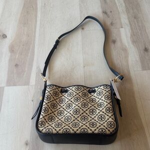 Tory Burch Black & Natural Logo-Print Shoulder Bag with Gold Hardware